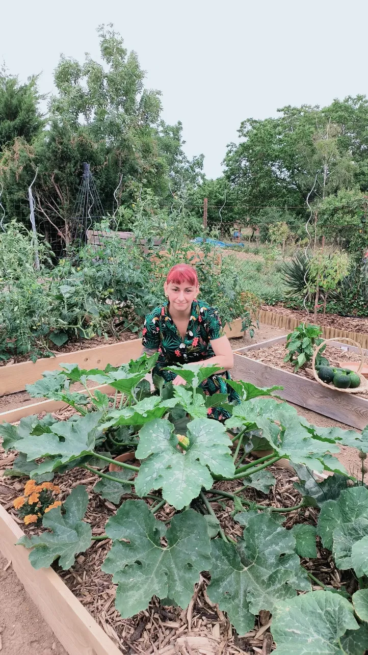 Sandra in her garden.